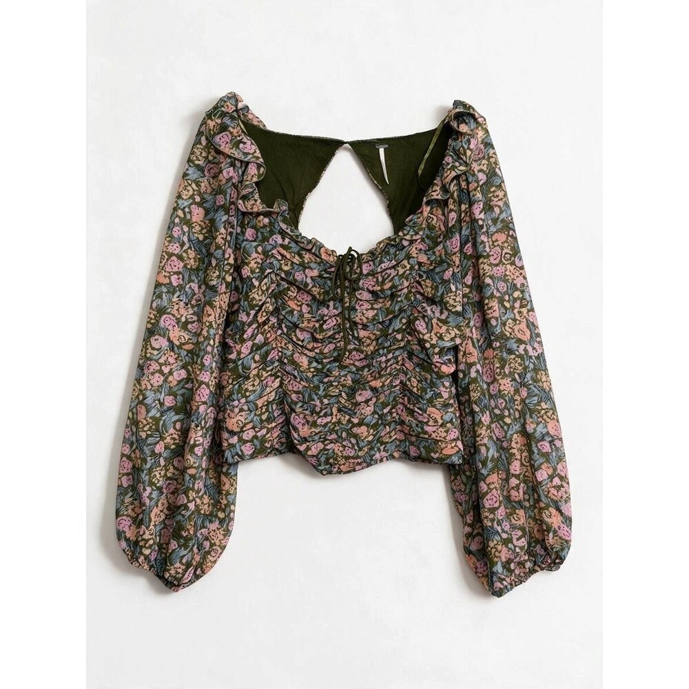 Free People Olive Floral Ruched Chiffon Blouse Top XL Cottagecore Boho Festival